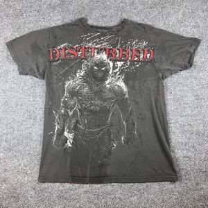 Vintage Disturbed T Shirt Mens L Gray AOP Skull Face Y2K Grunge Flames